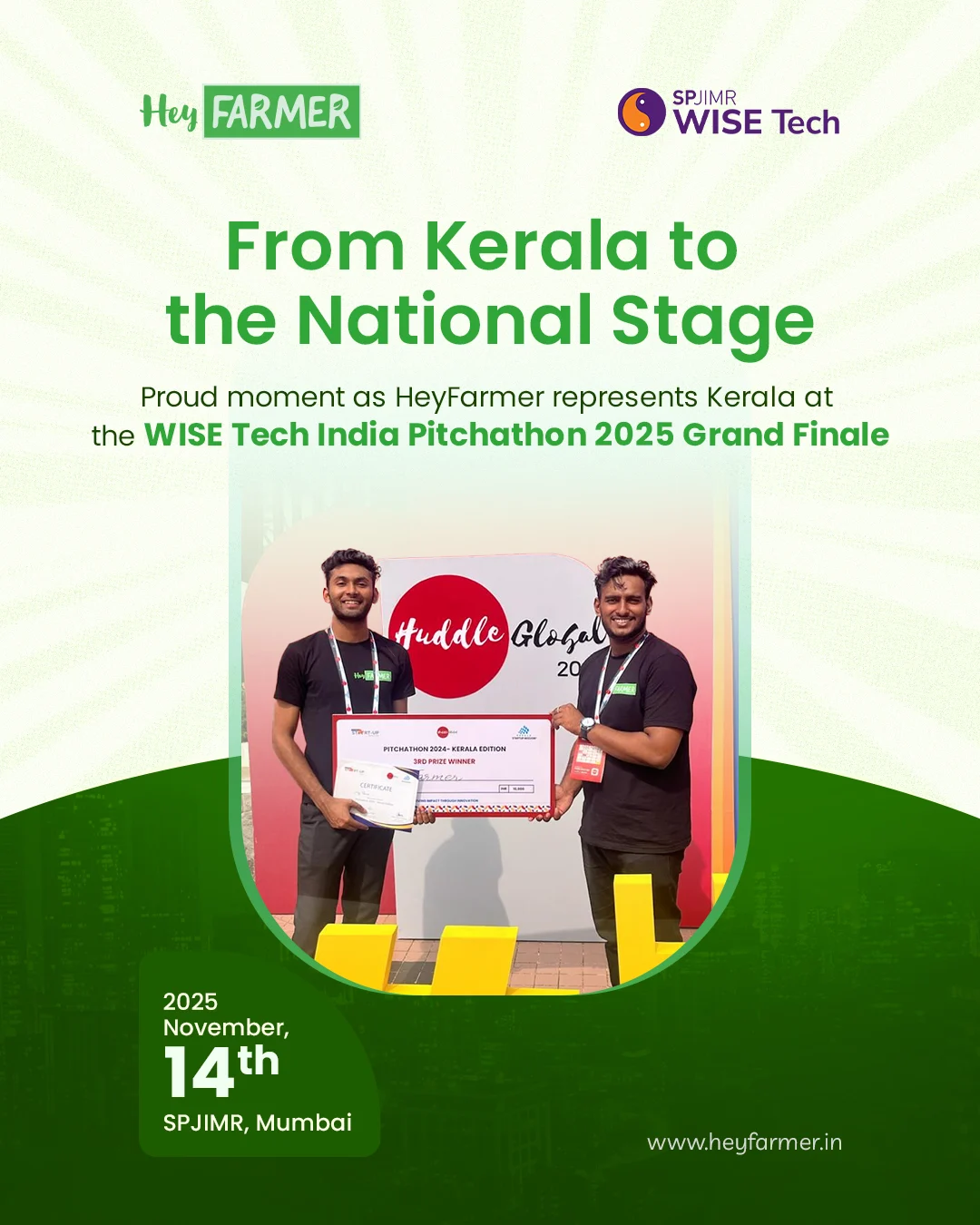 HeyFarmer team representing Kerala at WISE Tech India Pitchathon 2025 Grand Finale after winning 3rd Prize at Pitchathon Kerala Edition, holding certificate and award.